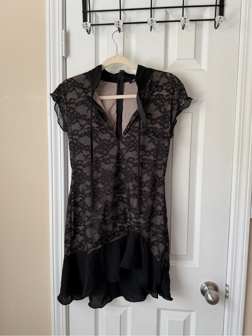 MURCI | Hattie Mini Dress | Black Lace Ruffle Hem Asymmetrical Dress